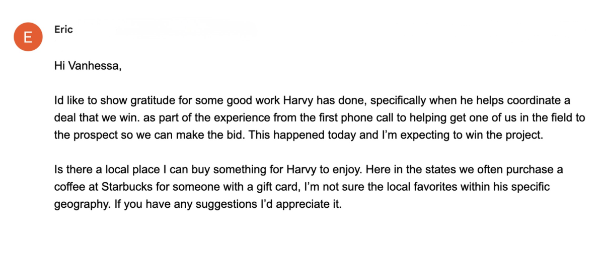 Eric thanking Harry for coordinating a new project