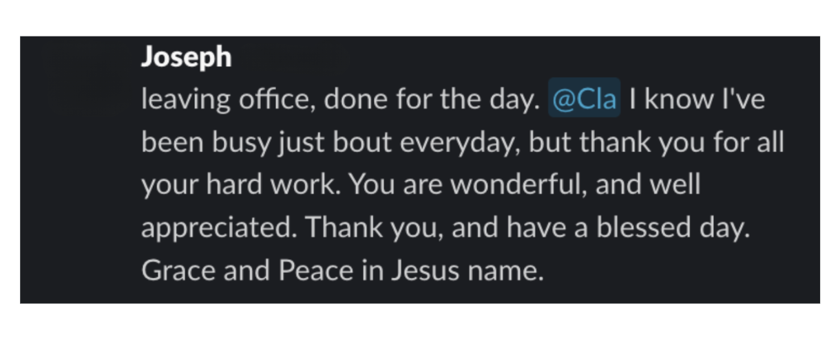 Joseph thanking Cla for her everyday work