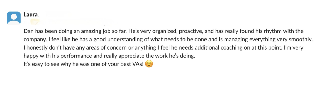 Laura on organized and proactive support from Dan