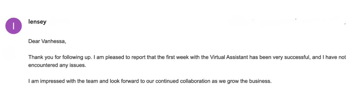Lensey on a successful first week with a virtual assistant