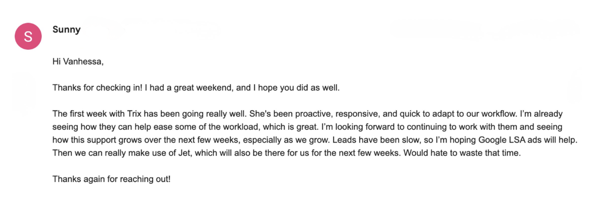 Sunny on proactive support from Tish