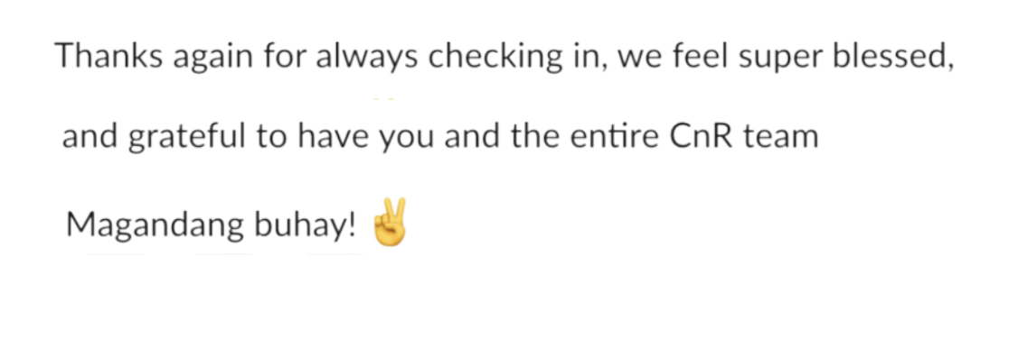 Client thanking the Create and Reach team for checking in