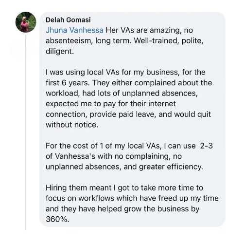 Client feedback describing reliable virtual assistants and business growth