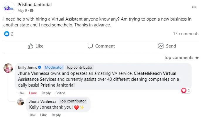 Cleaning business owner recommendation for Create and Reach