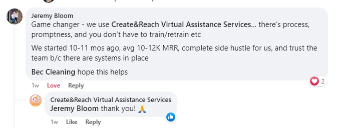 Client comment recommending virtual assistant services