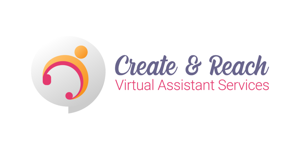 Logo with abstract human figure icon and the text "Create & Reach Virtual Assistant Services" in purple and pink.