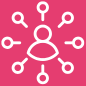 Icon of a person surrounded by connected circles on a pink background, representing a network or communication.