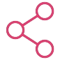 A pink share icon with three interconnected circles and lines, forming a triangular shape.