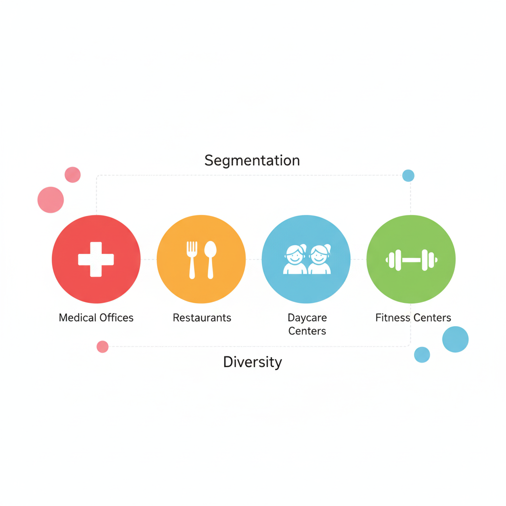 Diagram shows four colored circles labeled Medical Offices, Restaurants, Daycare Centers, and Fitness Centers, under "Segmentation" and "Diversity" headings.