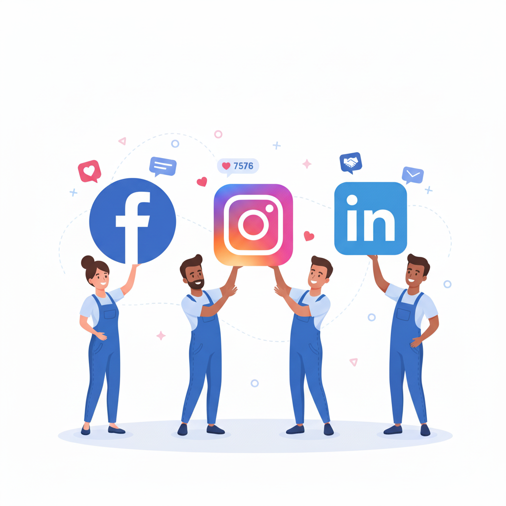 Four people in blue overalls hold large icons of Facebook, Instagram, and LinkedIn, with social media symbols floating in the background.