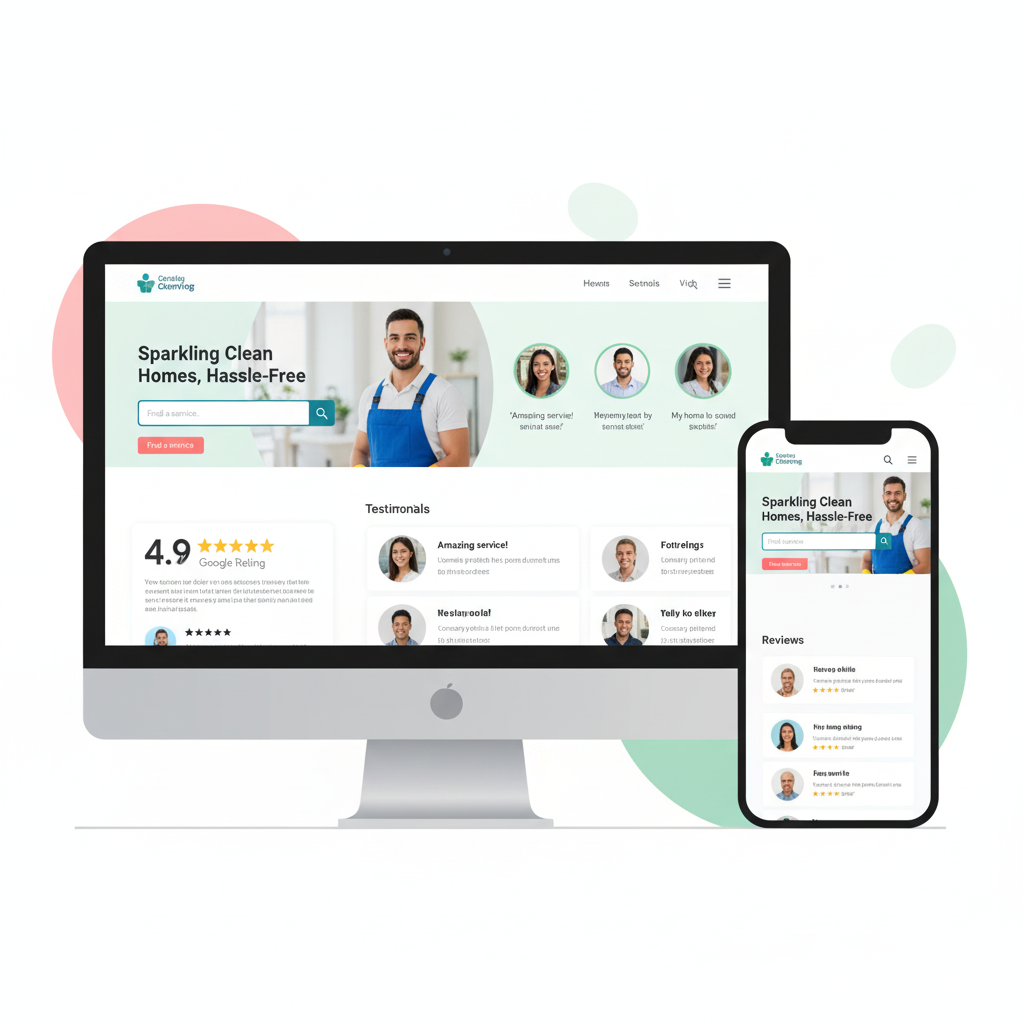 A computer monitor and smartphone display a cleaning service website with a smiling man, navigation menus, testimonials, and customer reviews.